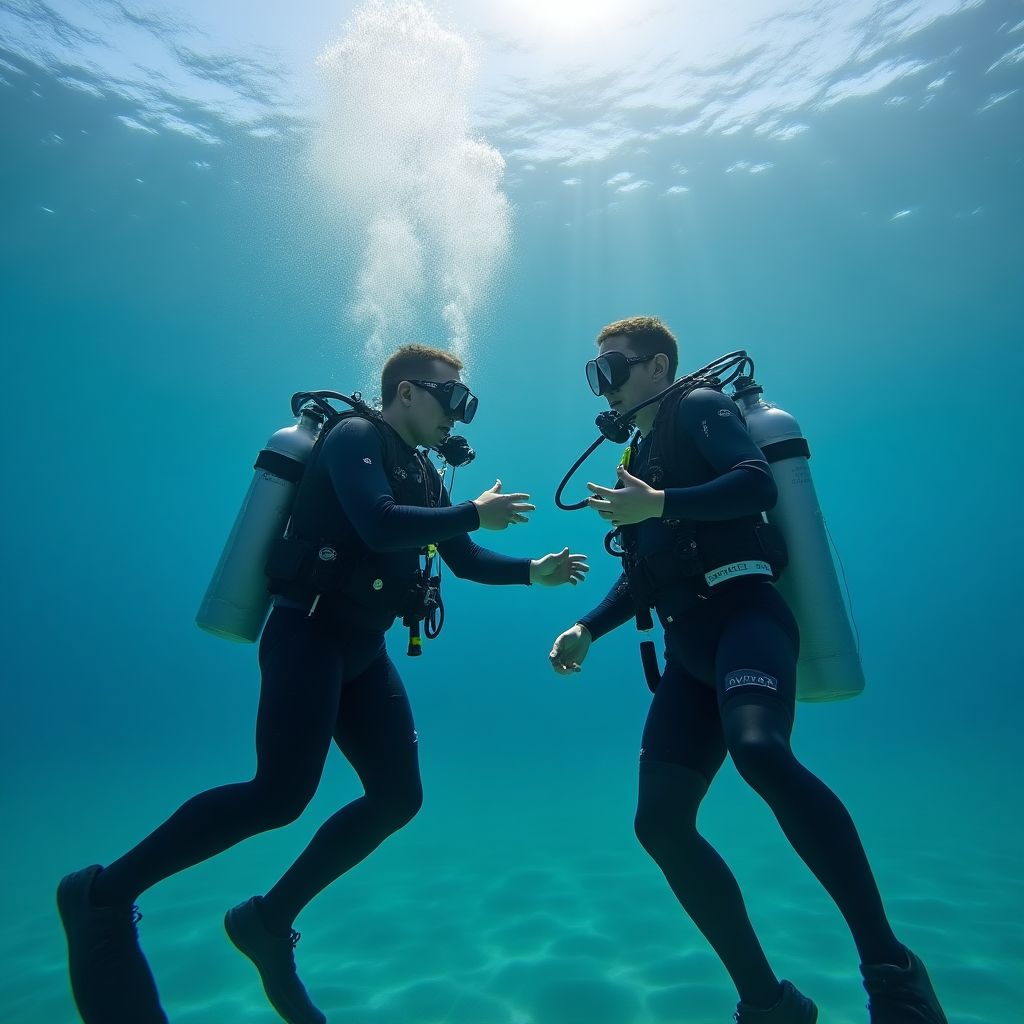 Instructor teaching diving skills in shallow water